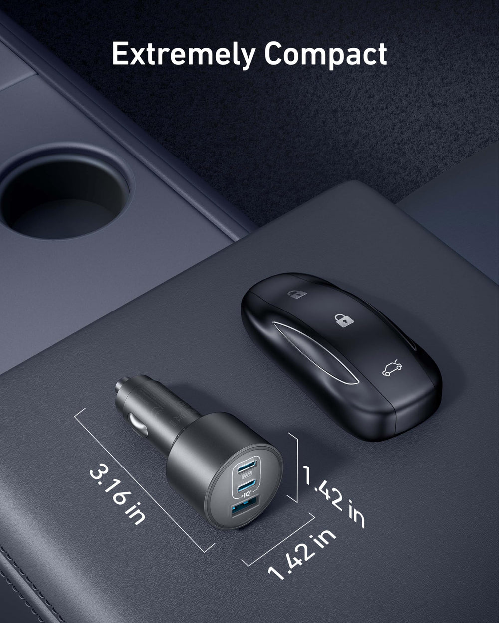 Anker primer plano de puertos y etiquetado indicando potencia clara