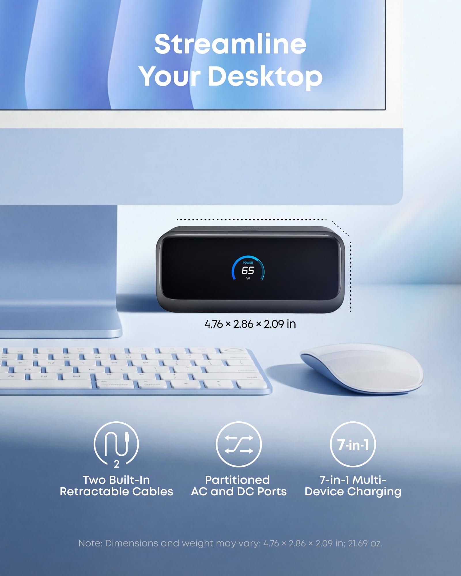 Anker puertos USB‑C y pantalla LCD mostrando estado de carga, control instantáneo