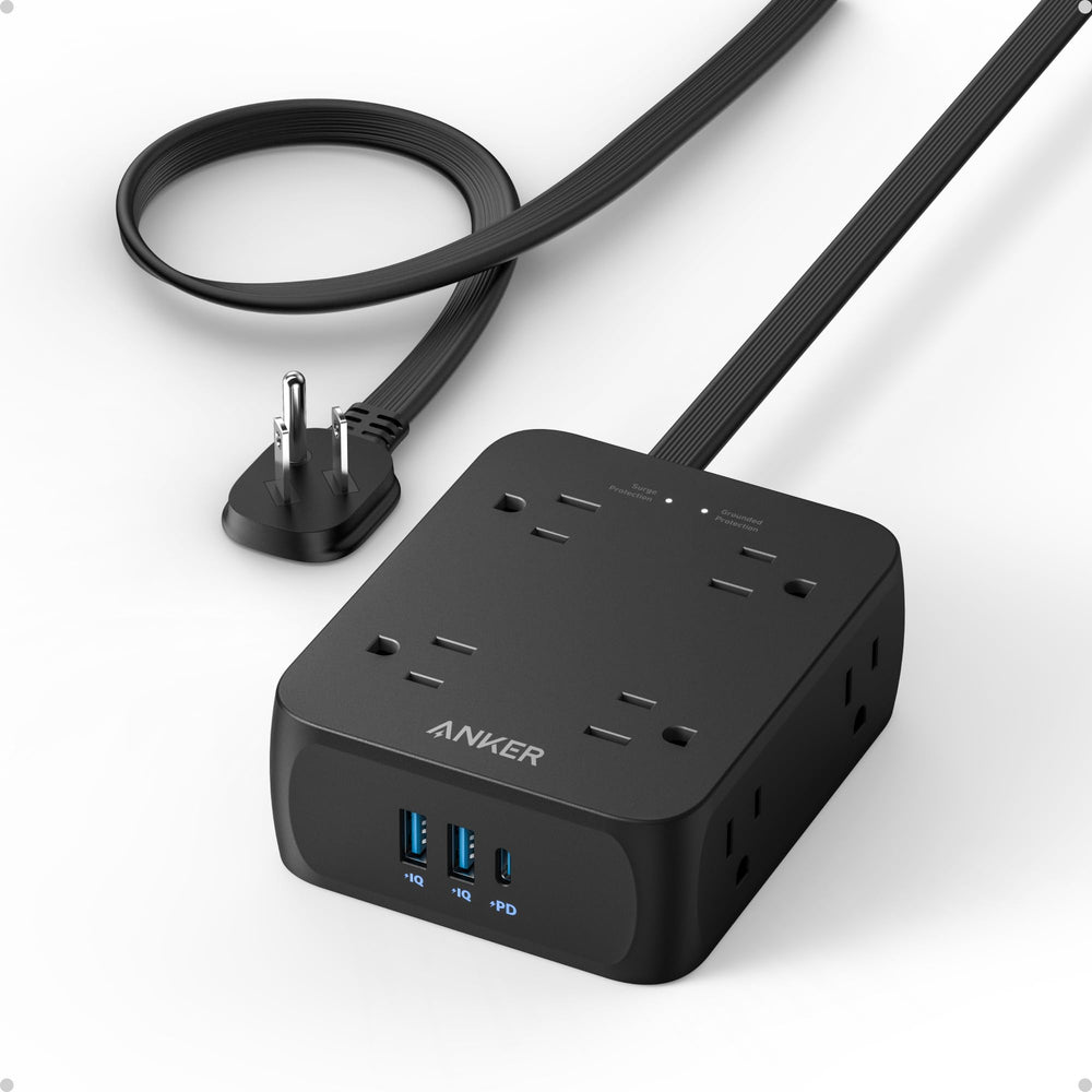 Anker regleta frontal mostrando tomas AC y puertos USB, versatilidad de carga