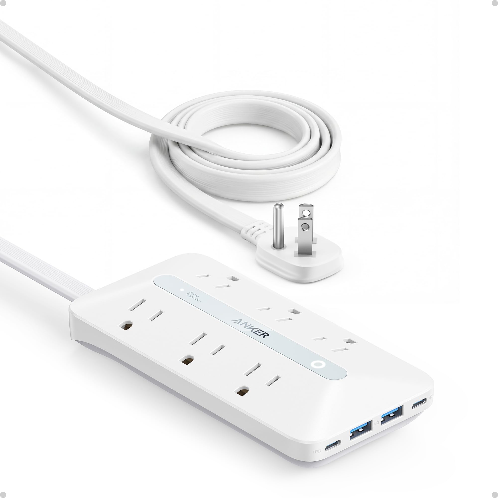 Anker regleta frontal mostrando 6 enchufes AC y puerto USB, organiza energía