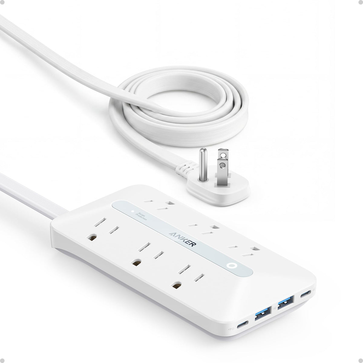 Anker regleta frontal mostrando 6 enchufes AC y puerto USB, organiza energía