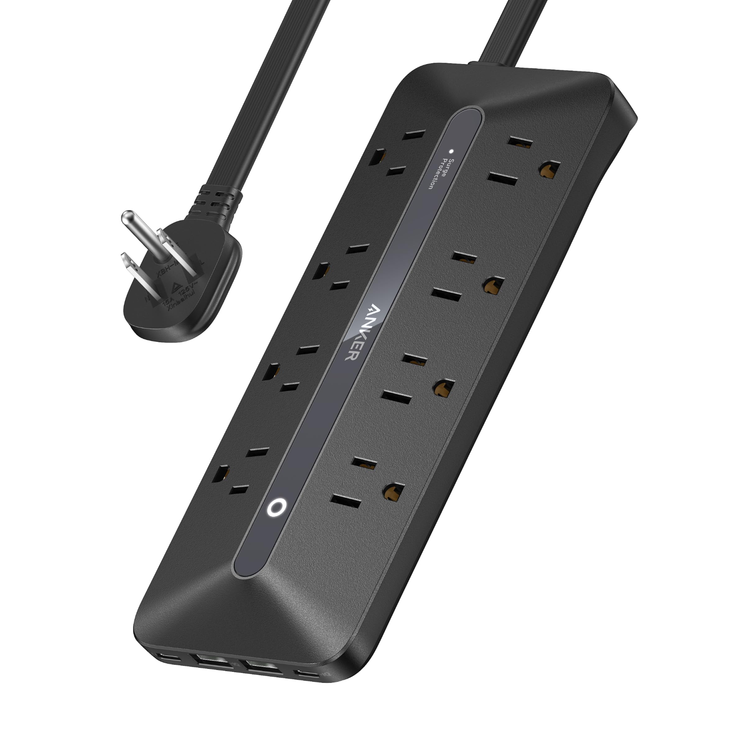 Anker regleta frontal mostrando 8 enchufes y 4 puertos USB, organización eficiente