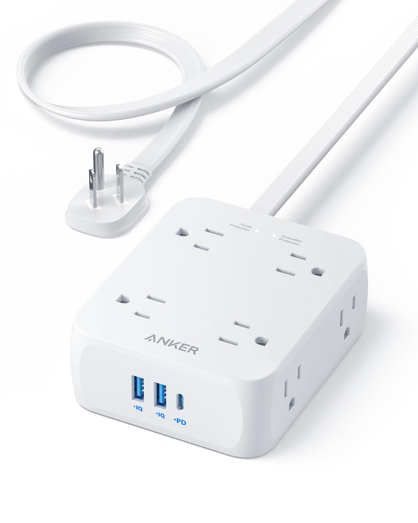 Anker regleta frontal mostrando 8 tomas AC y puertos USB para alta capacidad