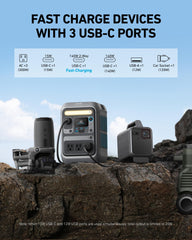 Anker SOLIX C300 detalle de puertos USB-C y enchufes AC para carga versátil