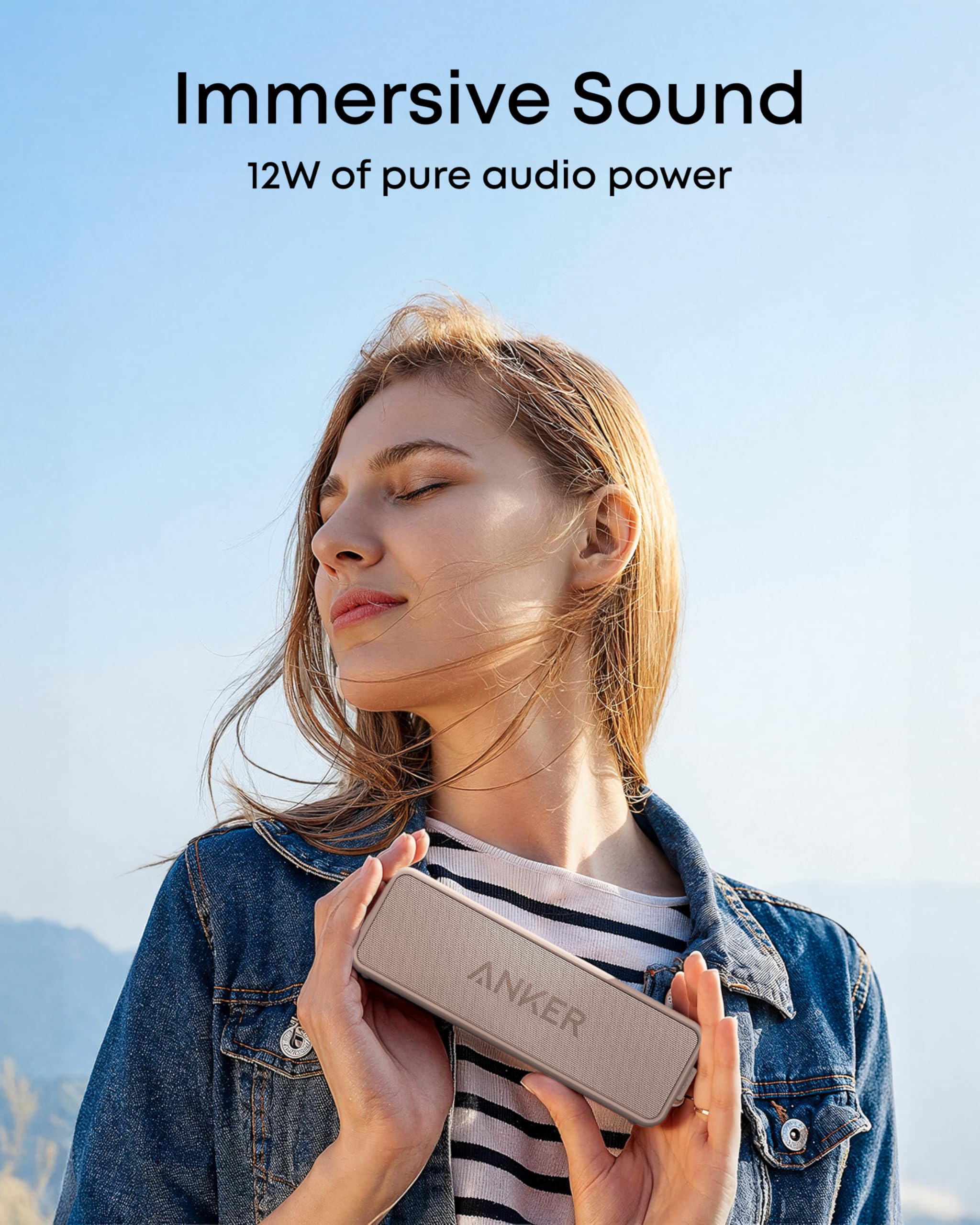 Anker Soundcore 2 etiqueta y puertos, ilustrando conectividad Bluetooth y carga rápida