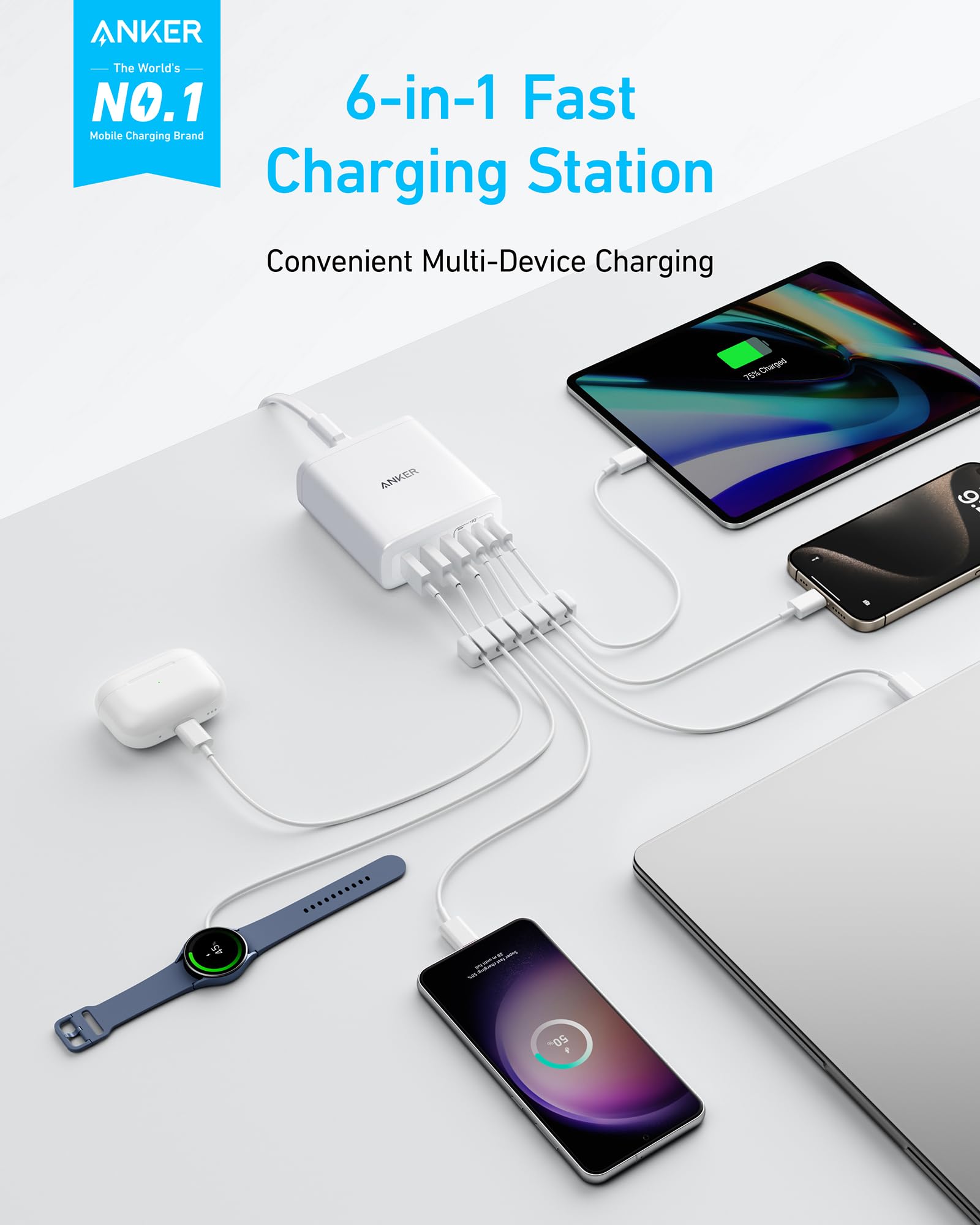 Anker vista superior con 3 USB-C y 3 USB-A para carga simultánea