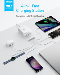 Anker vista superior con 3 USB-C y 3 USB-A para carga simultánea