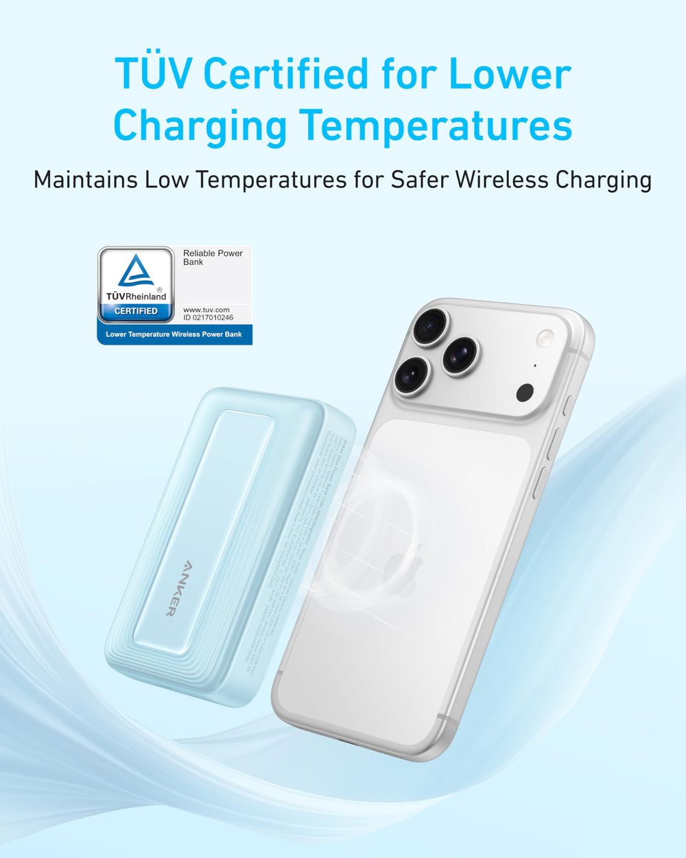 Anker Zolo sujeto magnéticamente a iPhone demostrando carga inalámbrica práctica