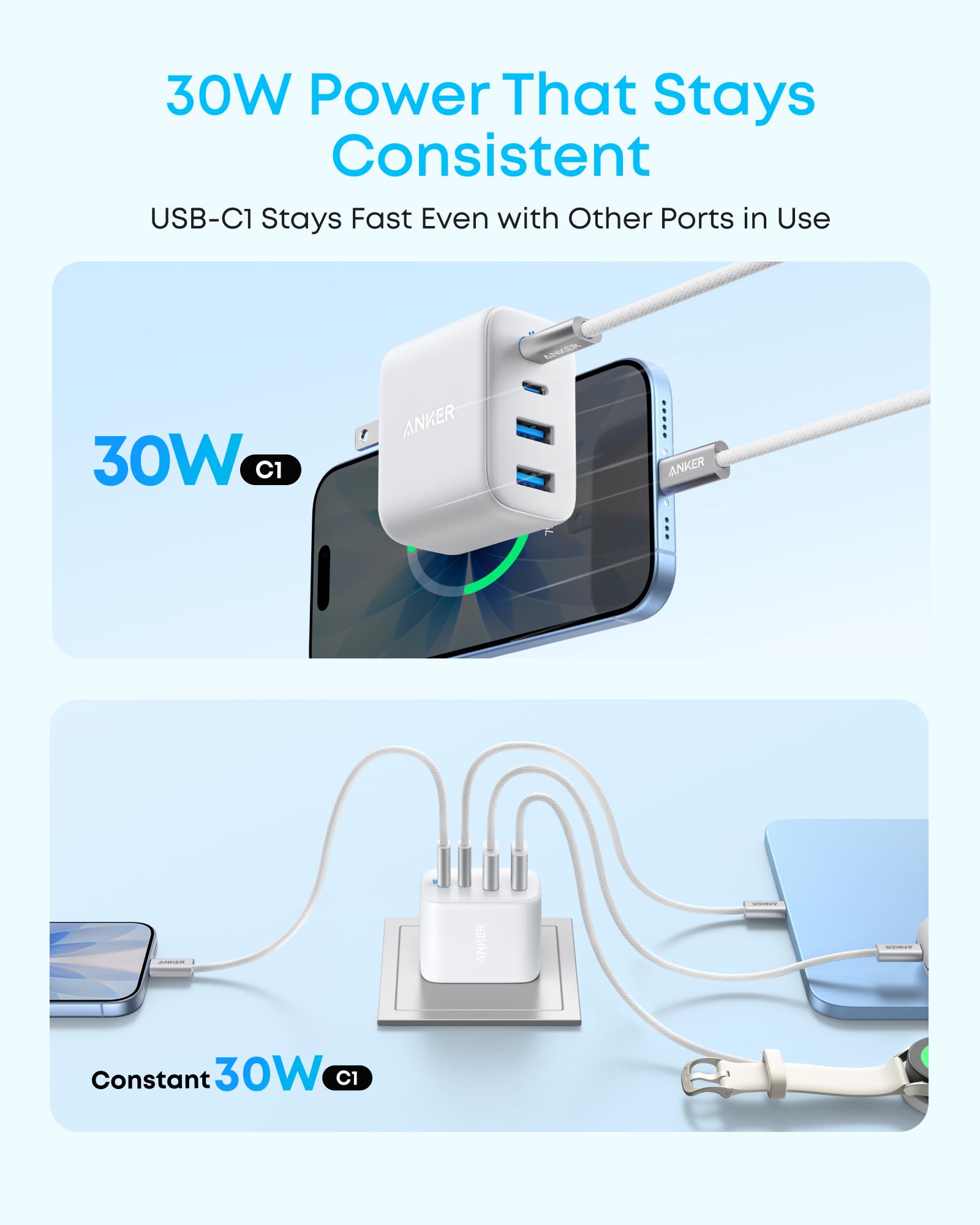 Anker Zolo cargando teléfono y auriculares en una mesa, ahorro de espacio