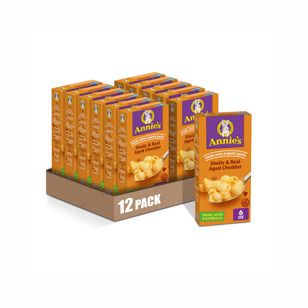 Annie's envase frontal que muestra pack de 12 y marca, conveniencia familiar