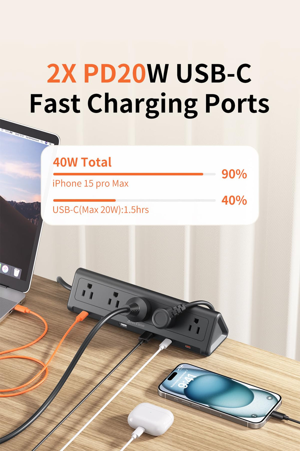 AnnTane primer plano puerto USB-C PD, carga rápida para dispositivos