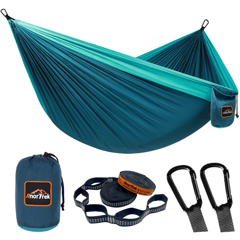 AnorTrek vista frontal del paquete mostrando la hamaca y accesorios, ideal para viaje