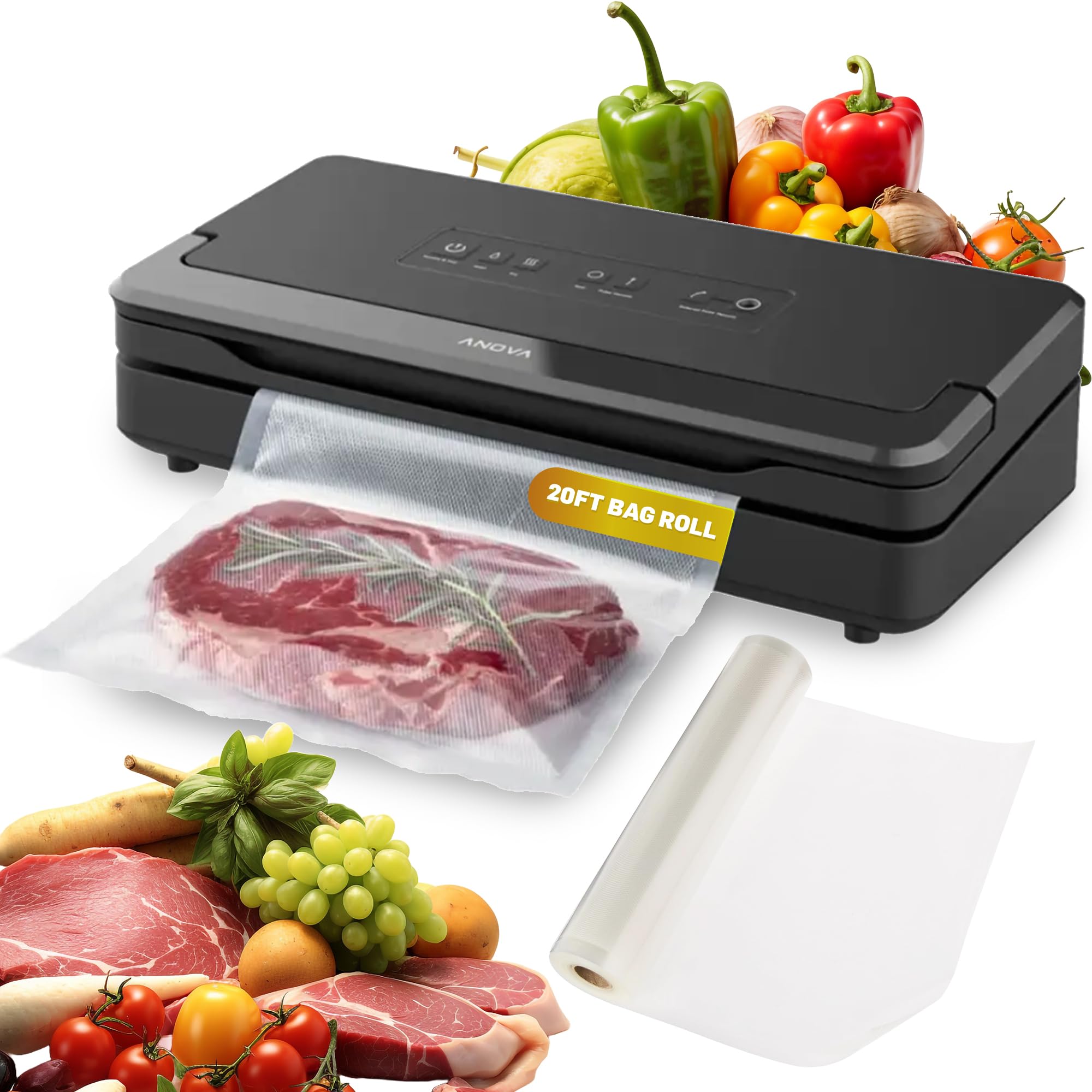 Anova Precision Vacuum Sealer Pro frontal mostrando controles y beneficios de potencia