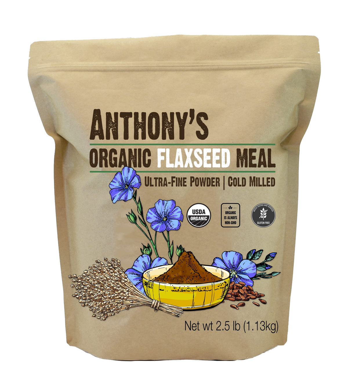 Anthony's frente del envase de linaza 2.5 lb mostrando marca y presentación, ideal para despensa