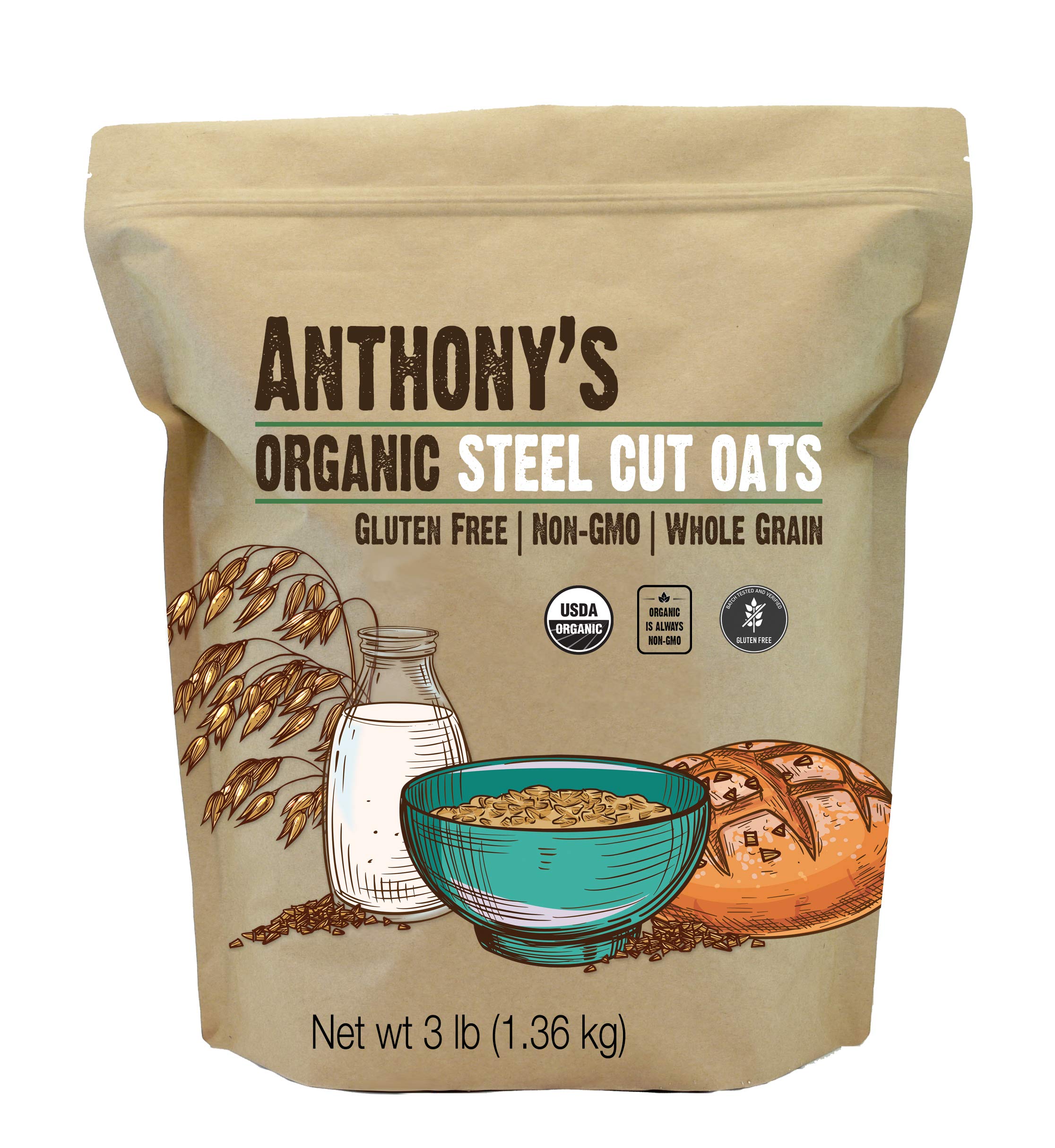 Anthony's paquete frontal de avena steel cut mostrando marca y peso, practicidad