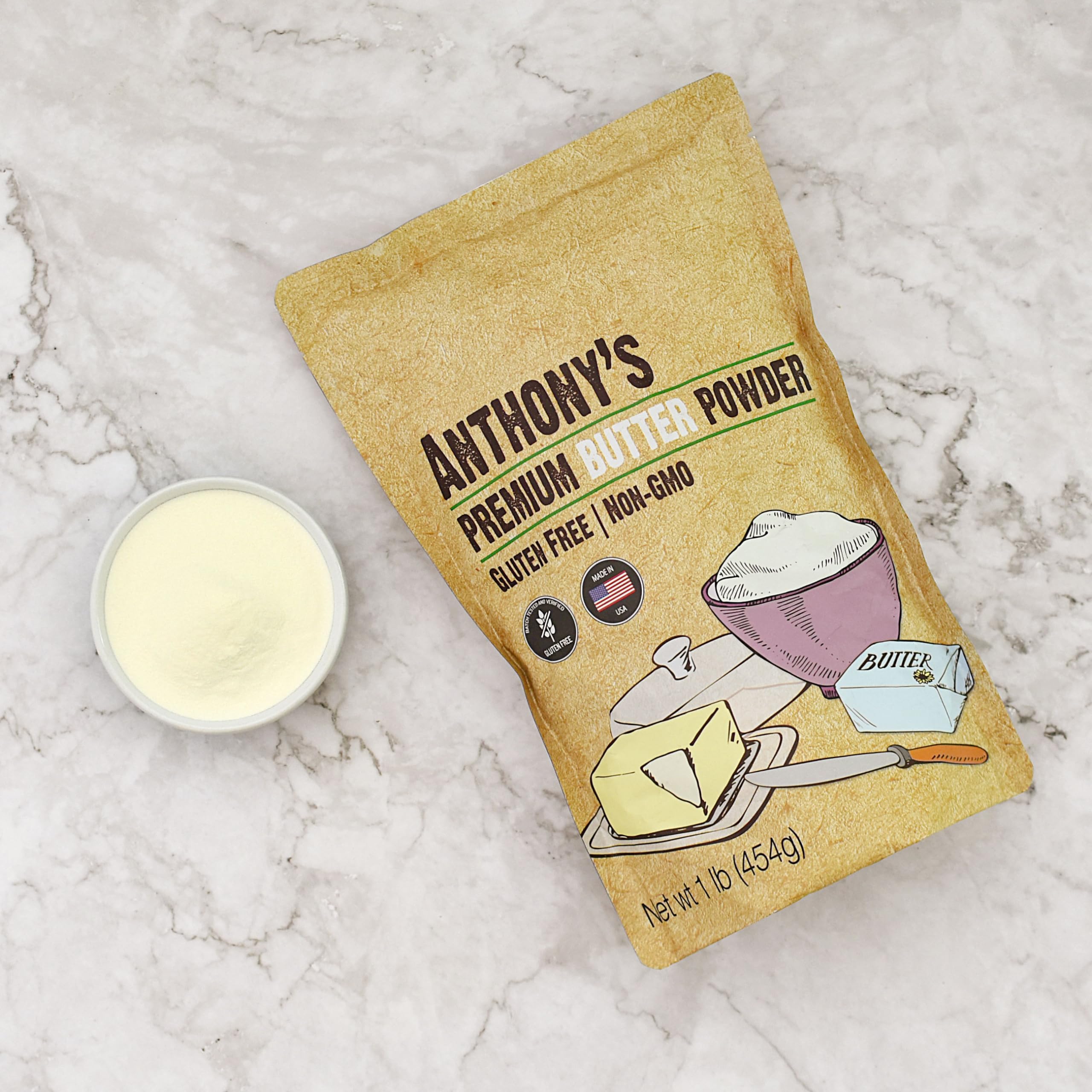 Anthony's etiqueta con información Non-GMO, sin gluten y sin rBST