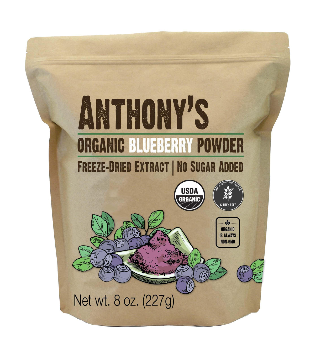 Anthony's envase frontal del polvo de arándano, presentación clara y conveniente