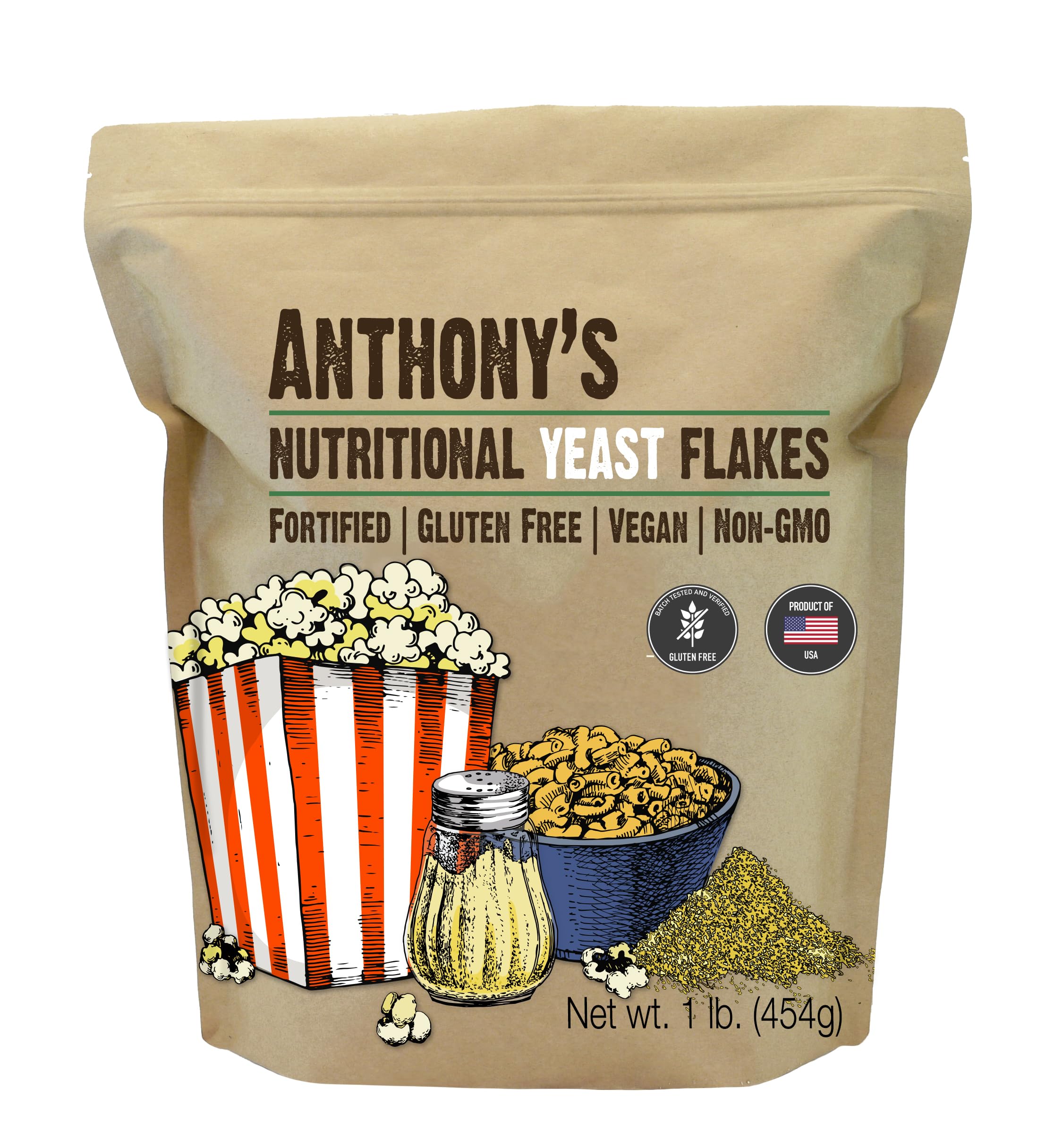 Anthony's paquete frontal de 1 lb mostrando marca y copos, ideal para recetas veganas
