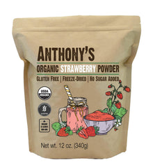 Anthony's paquete frontal mostrando polvo de fresa orgánica y beneficios visuales