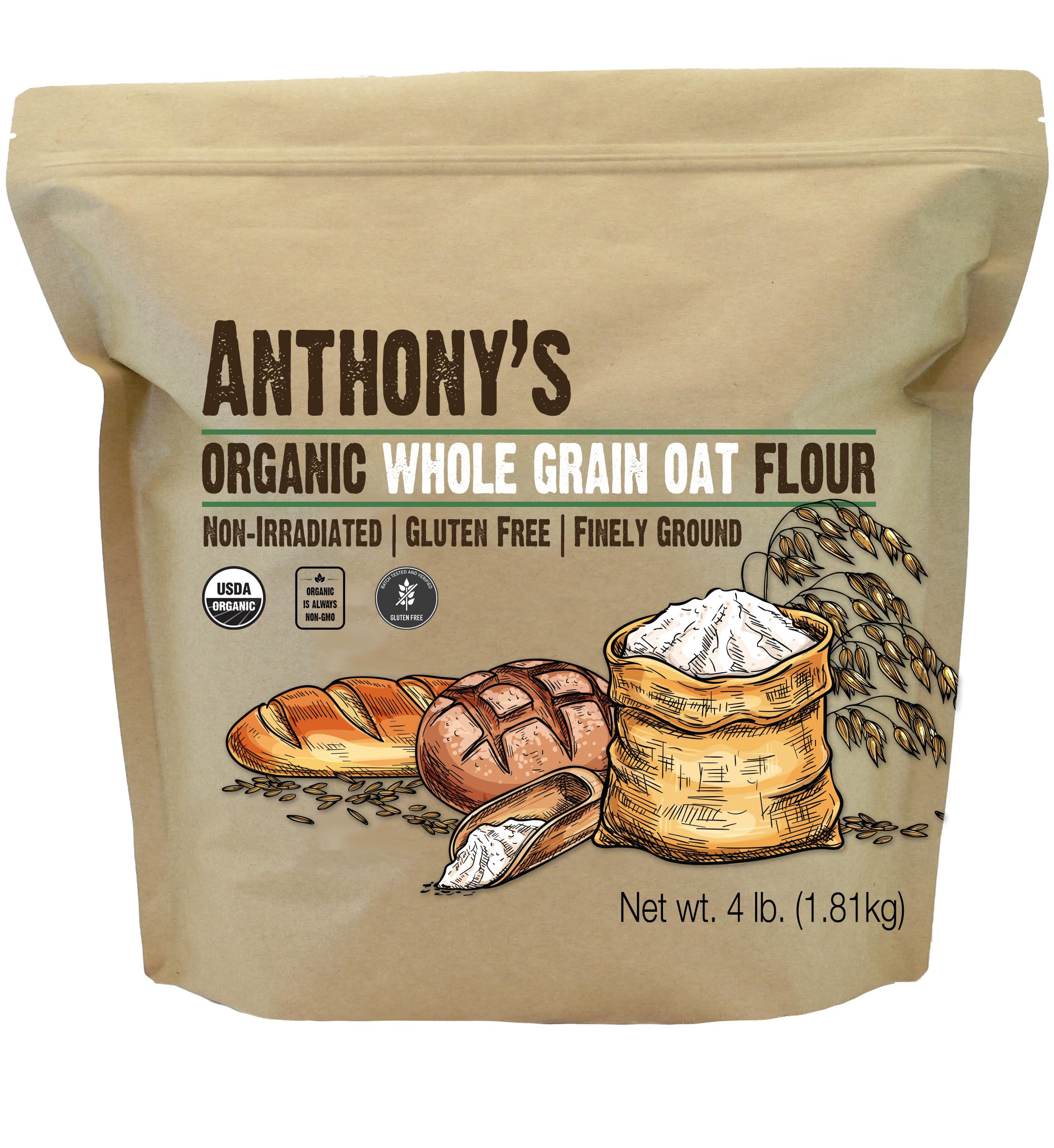 Bol con ingredientes para repostería junto a Anthony's harina de avena, facilita mezclas