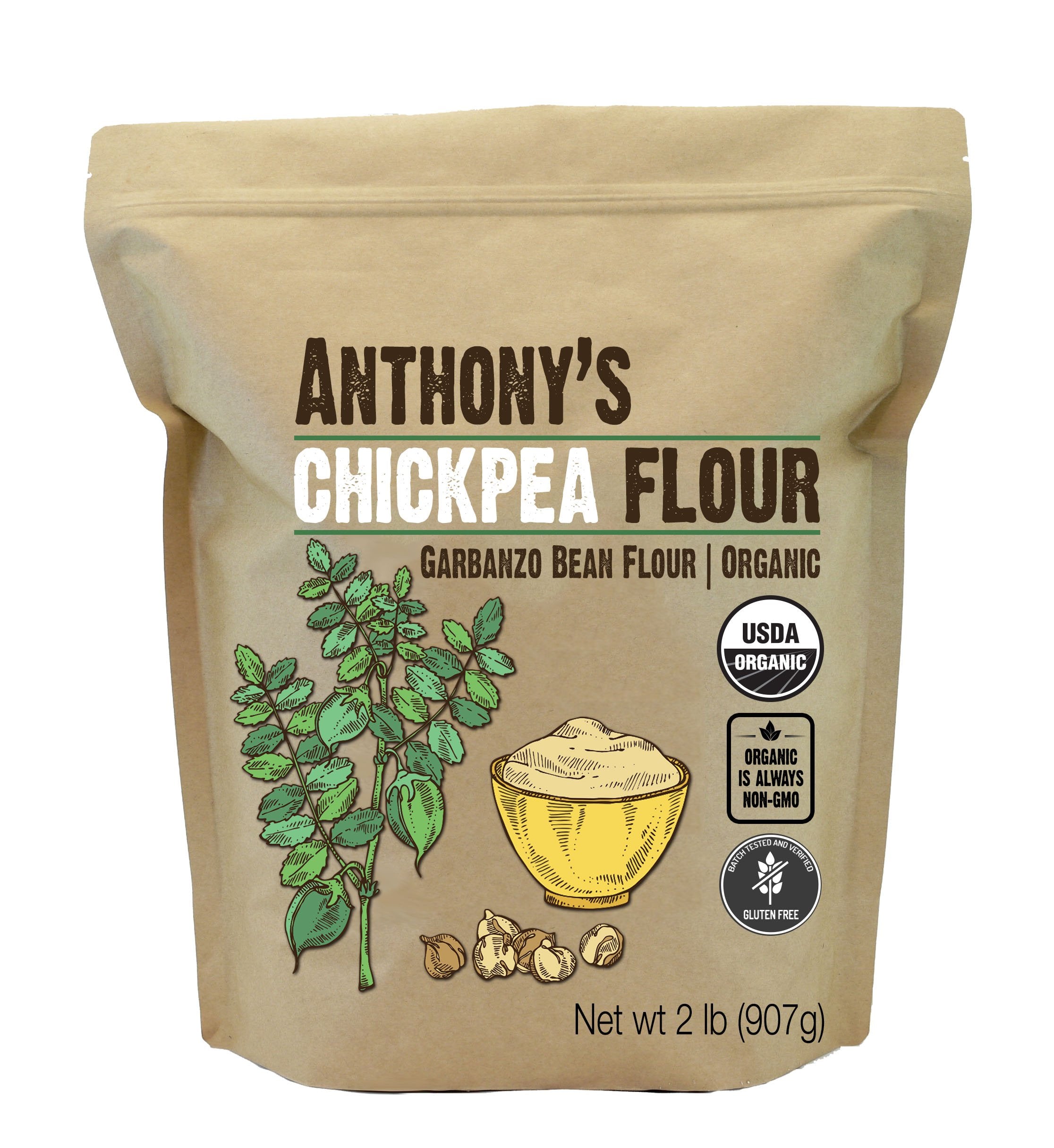 Anthony's paquete frente mostrando harina de garbanzo orgánica, ideal para recetas sin gluten