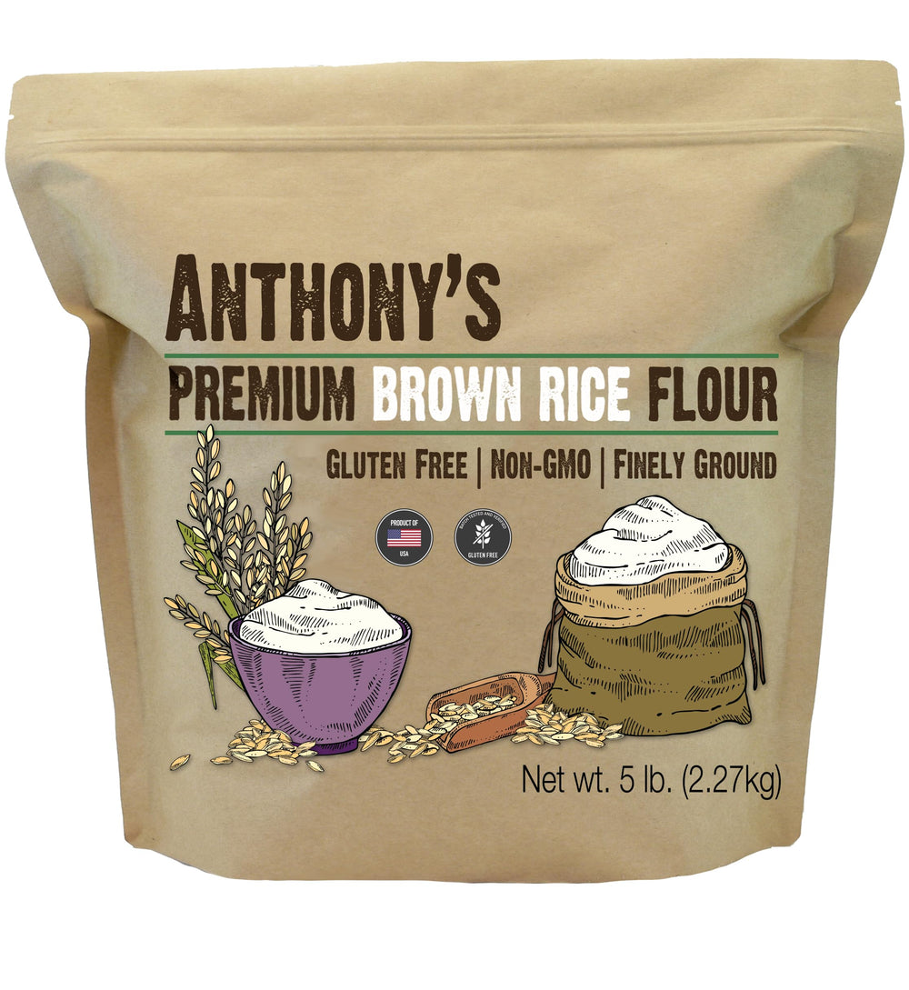 Anthony's bolsa frontal mostrando harina integral de arroz marrón, ideal para hornear