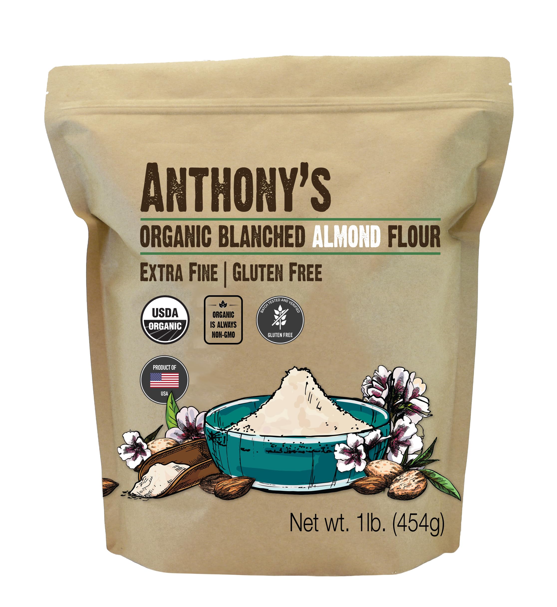 Anthony's paquete frontal mostrando harina de almendra orgánica y beneficios