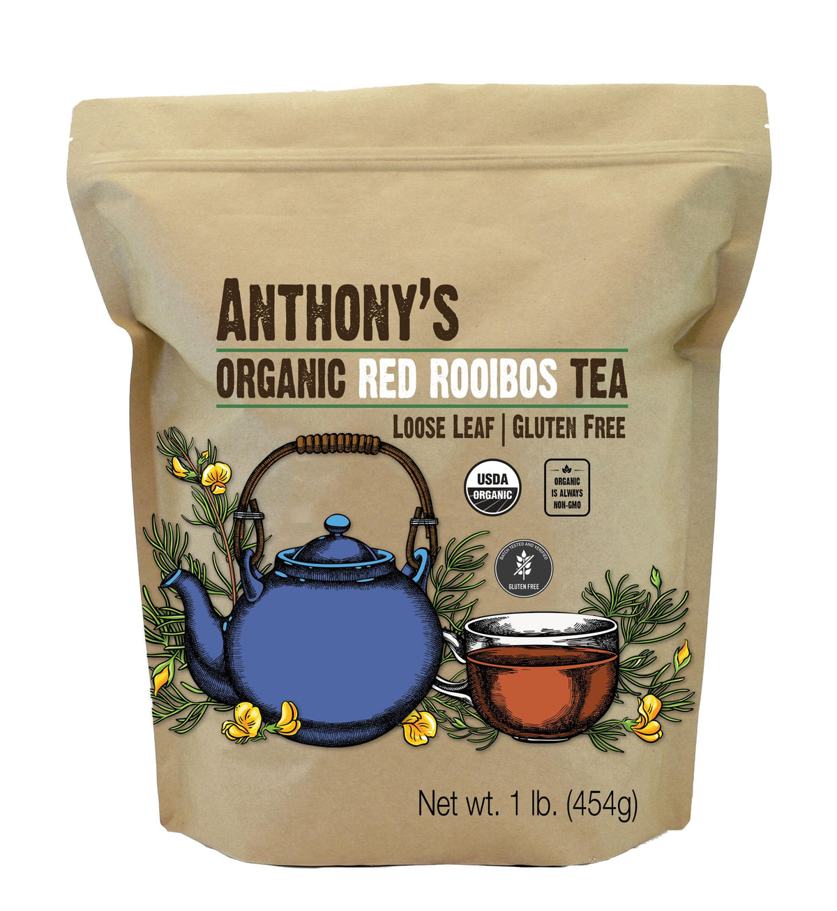 Anthony's paquete frontal de rooibos orgánico 1 lb mostrando marca y formato para ahorro