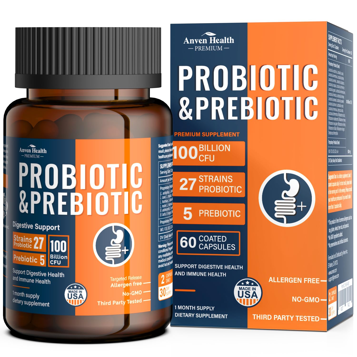 Anven Health empaque frontal mostrando 100 Billion CFU y prebióticos para apoyo intestinal