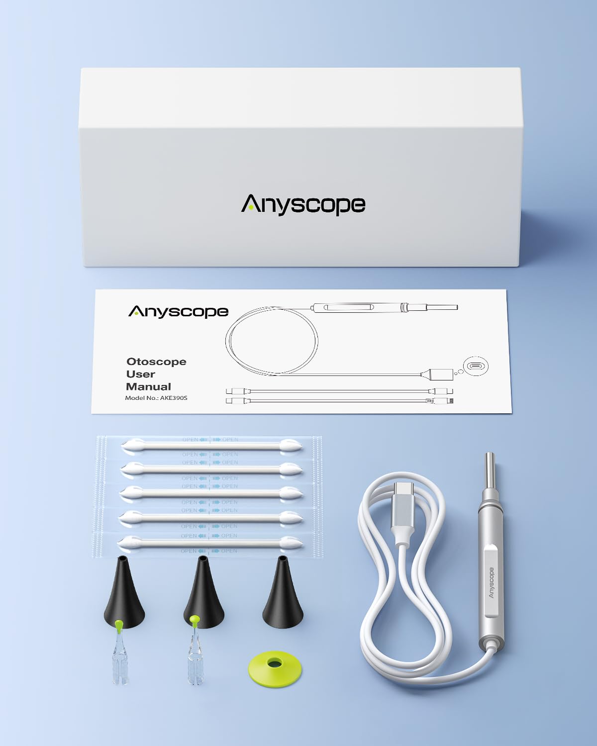 AnyScope accesorios y empaquetado que incluyen puntas y funda protectora
