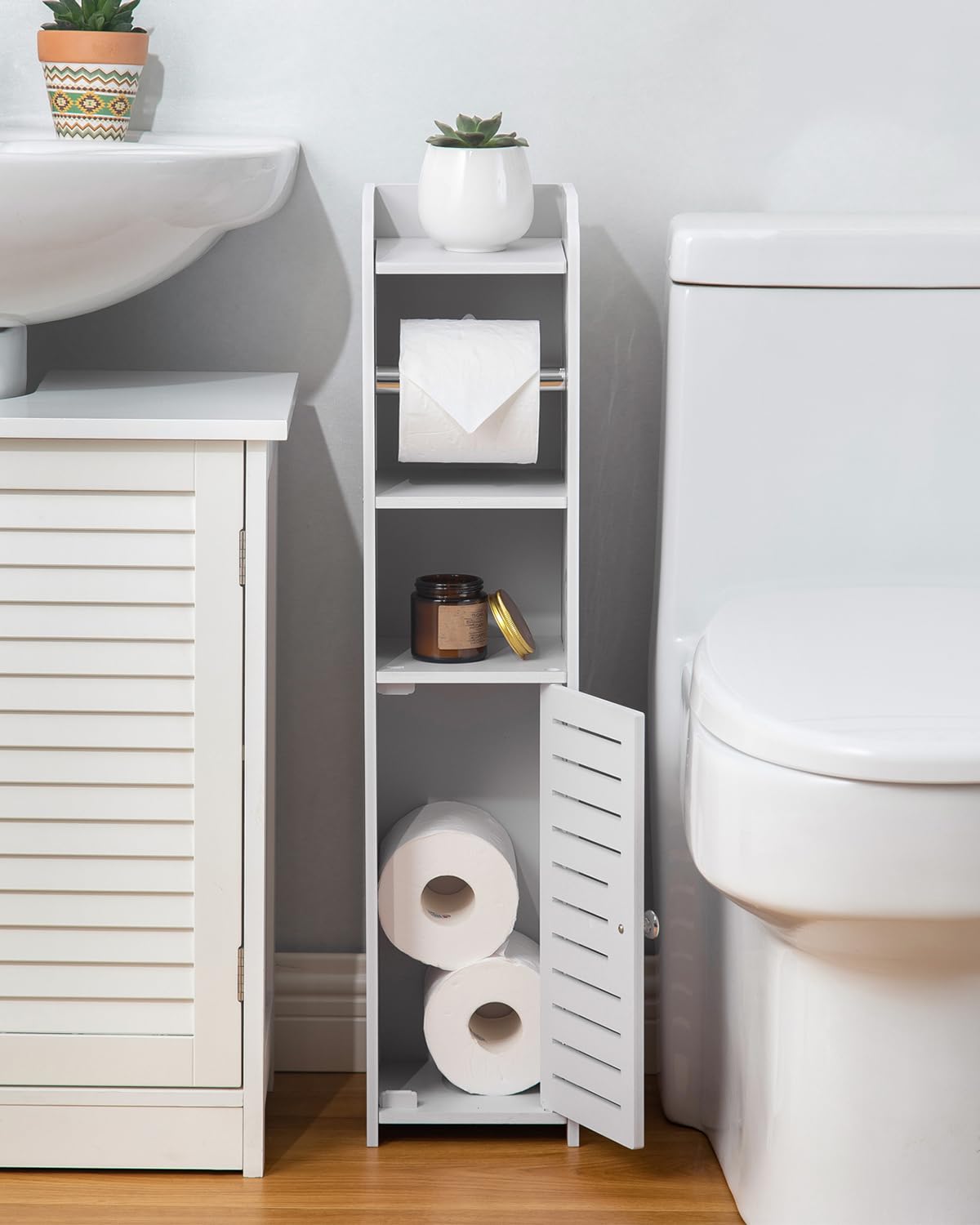 AOJEZOR middle and lower shelves storing multiple toilet rolls to maximize vertical storage