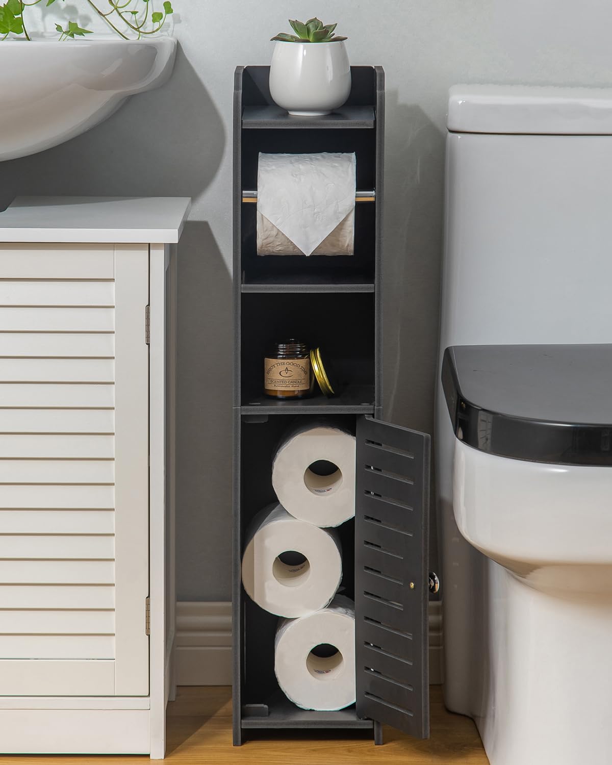 AOJEZOR loaded with four mega rolls demonstrating vertical space savings benefit