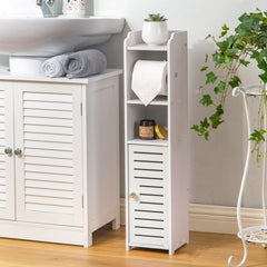 AOJEZOR front view of freestanding toilet paper holder showing compact design and easy access