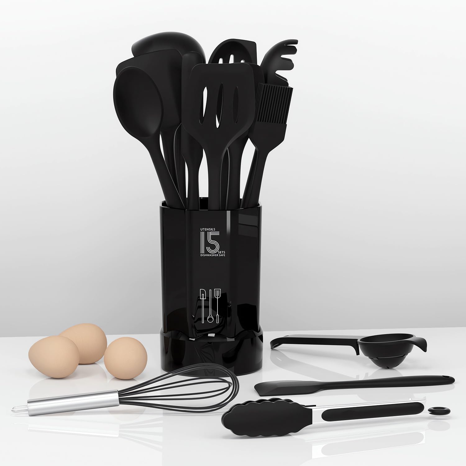 AOTHOD kitchen tongs and ladle displayed for safe serving and heat control