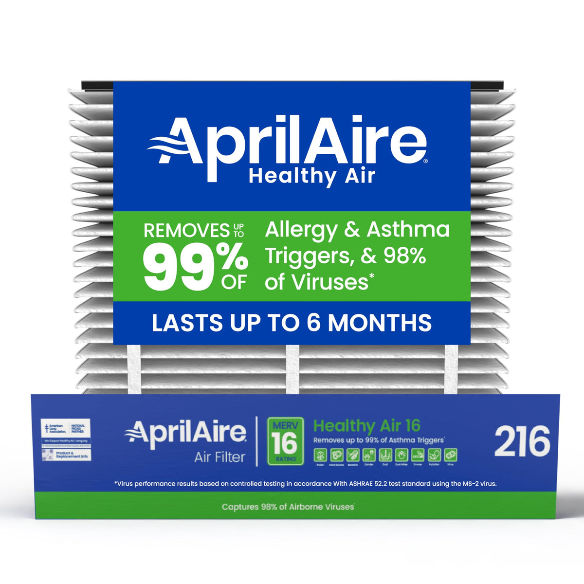 AprilAire vista frontal del empaque que muestra filtro y ajuste seguro