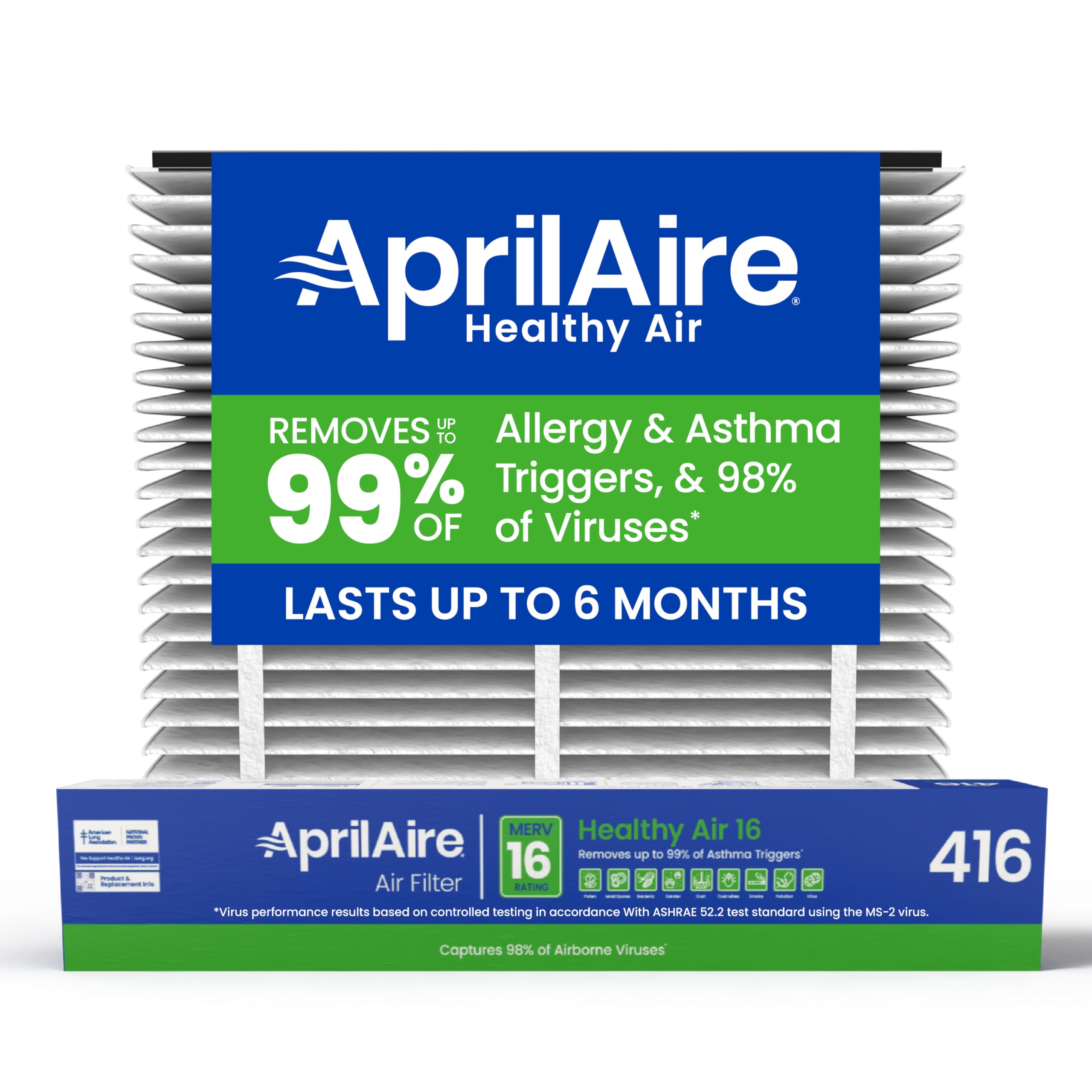 AprilAire filtro 416 vista frontal mostrando empaquetado y texto claro de compatibilidad