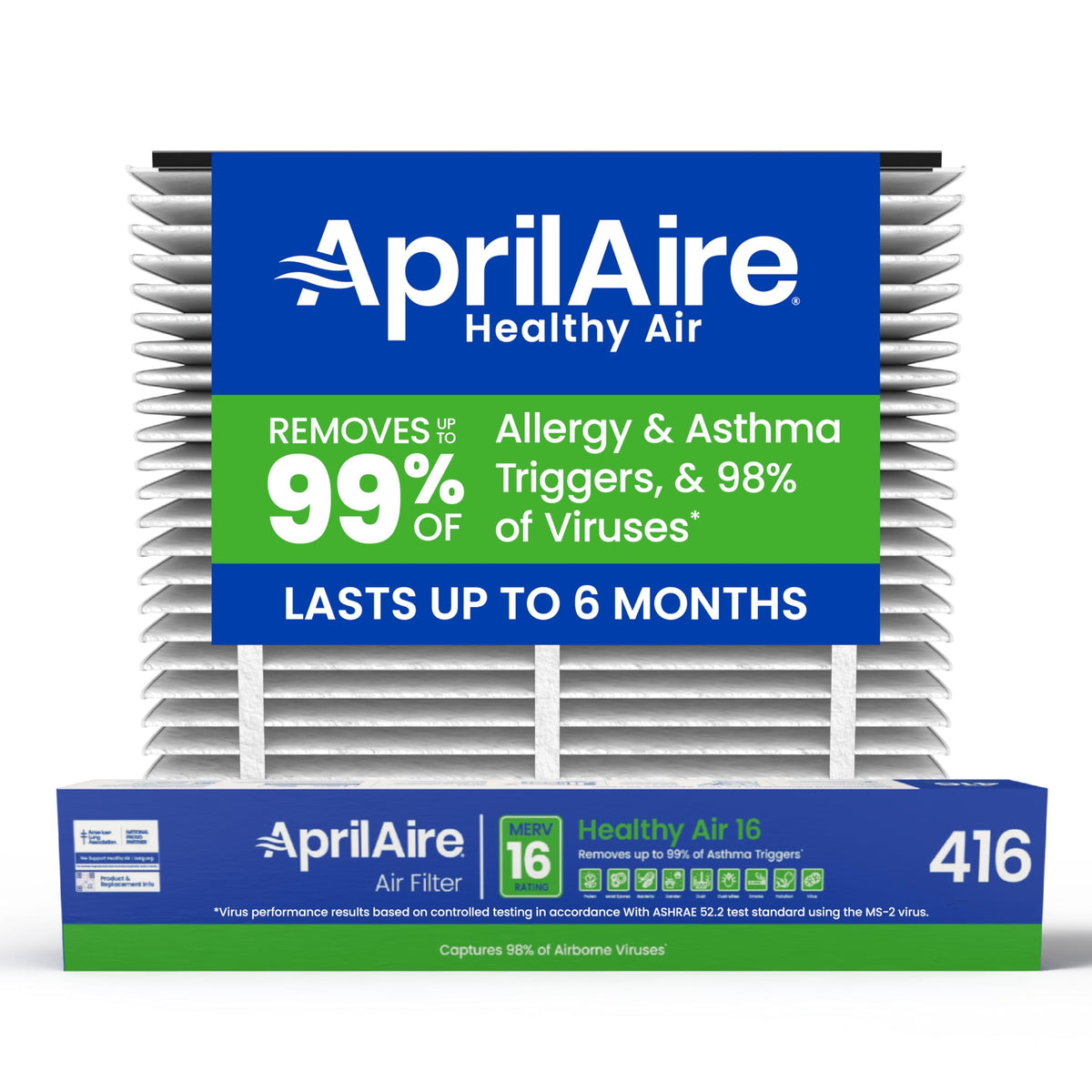 AprilAire filtro 416 vista frontal mostrando empaquetado y texto claro de compatibilidad