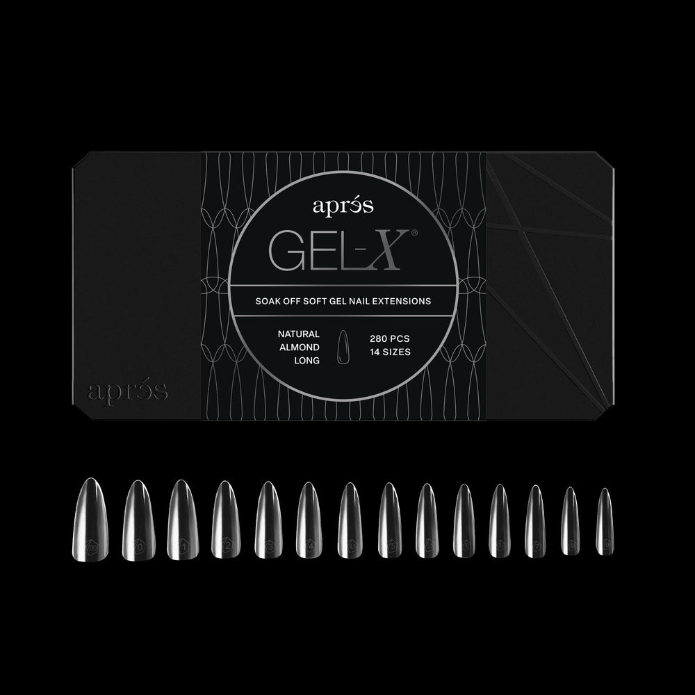 APRÉS paquete frontal de Gel-X Almond mostrando 280 tips y beneficios