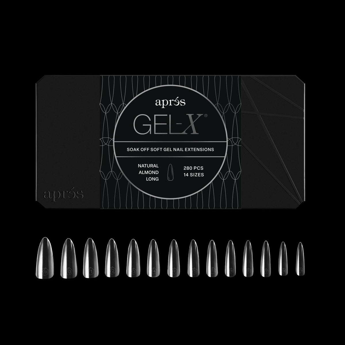 APRÉS paquete frontal de Gel-X Almond mostrando 280 tips y beneficios