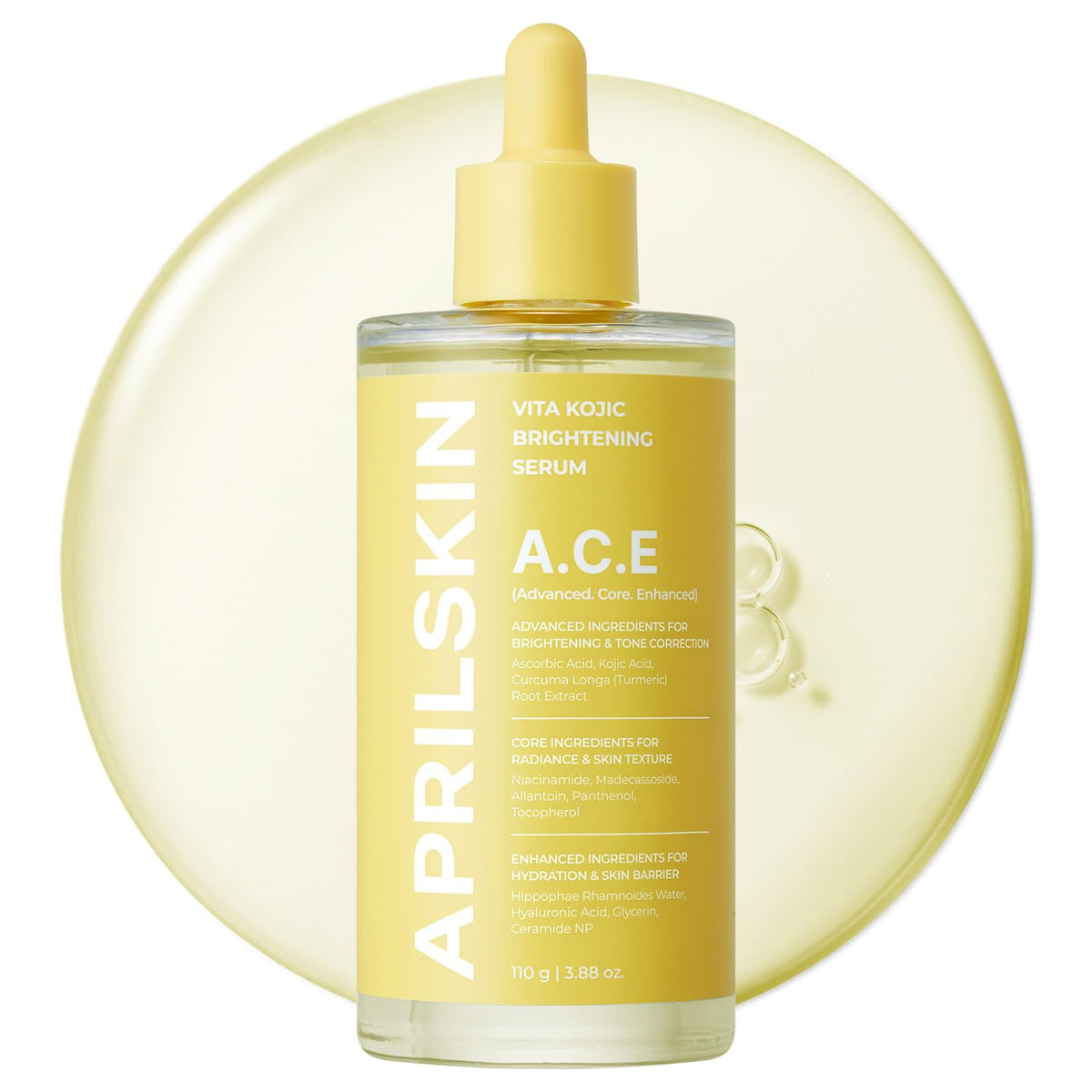 APRILSKIN botella frontal del A.C.E Vita Kojic Serum mostrando tamaño generoso