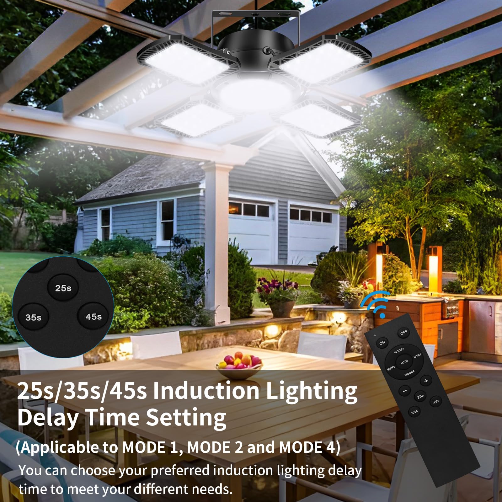Aqonsie lámpara en pérgola iluminando terraza por la noche