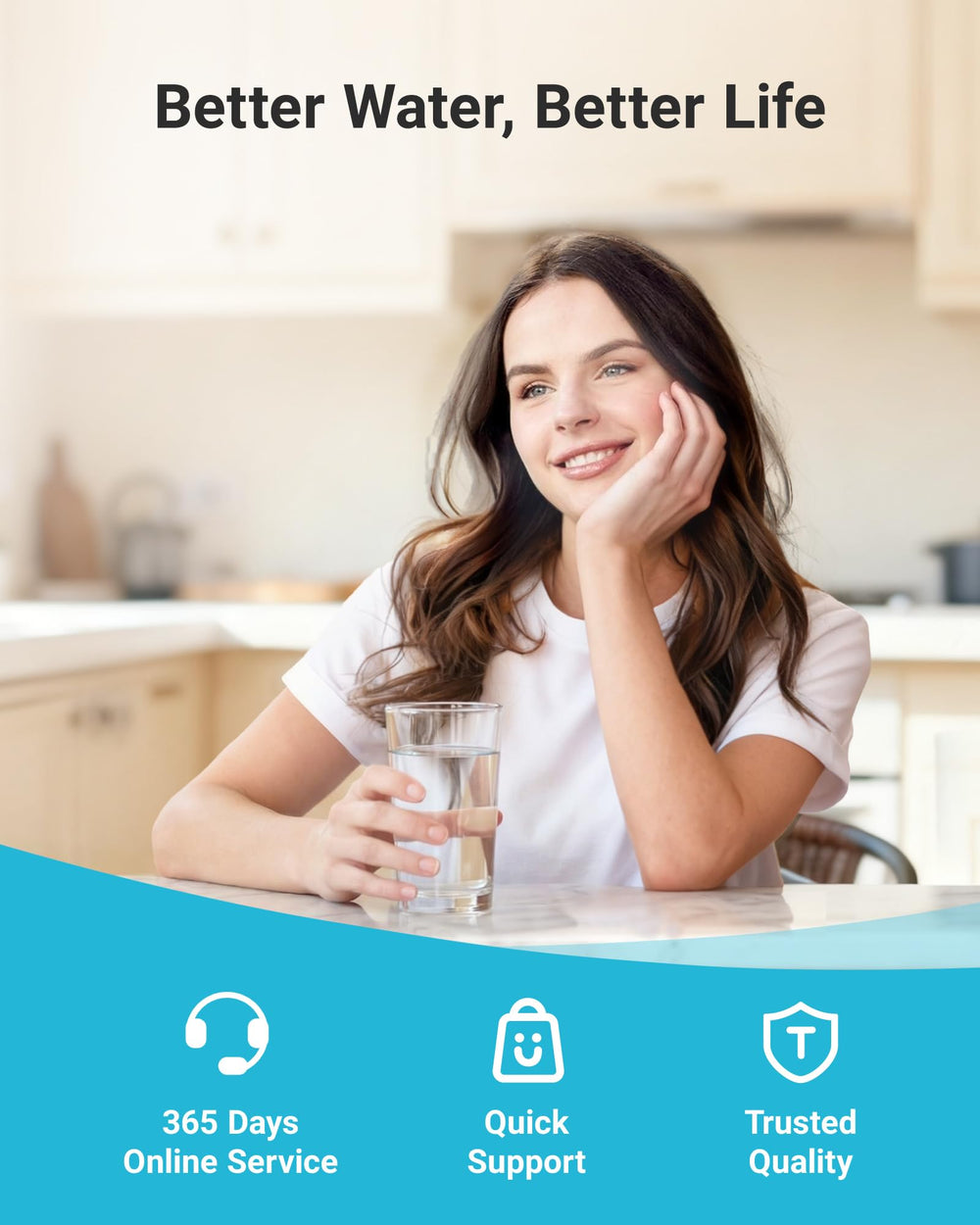AQUA CREST cartucho en cocina al lado de tazas y tetera para uso cotidiano
