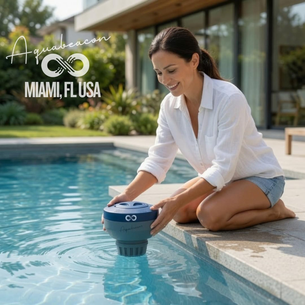 Aquabeacon comparación de tamaño junto a una tableta de 3 pulgadas