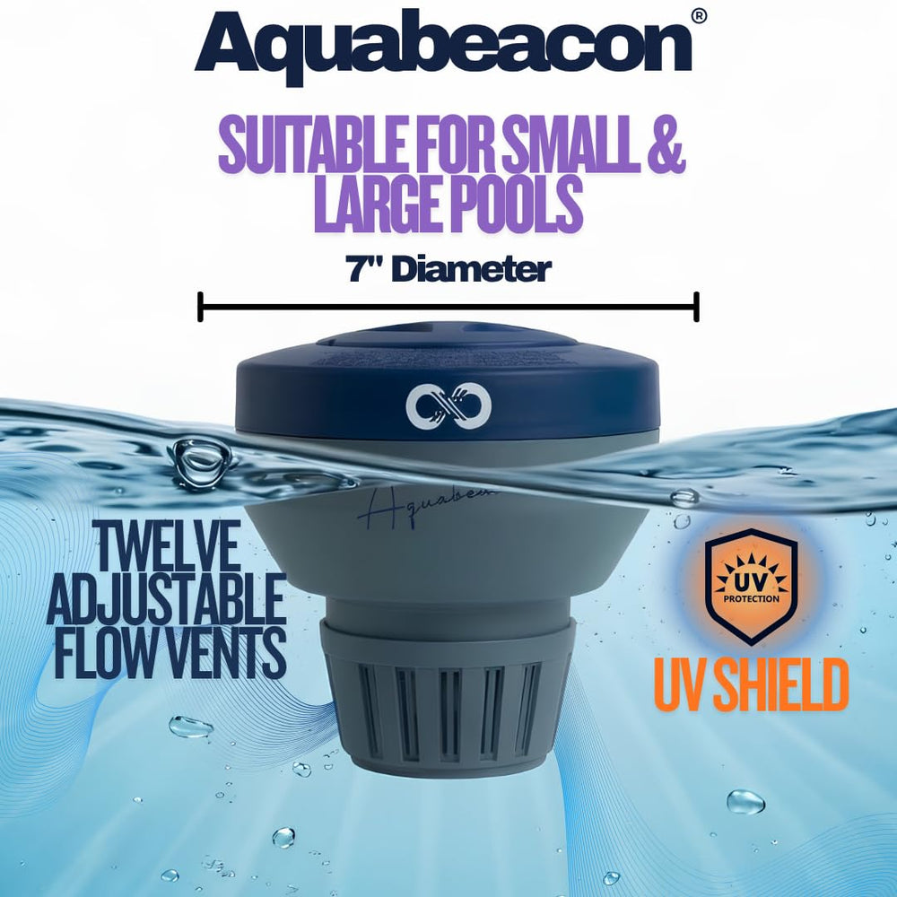 Aquabeacon dispensador flotando en piscina demostrando liberación continua