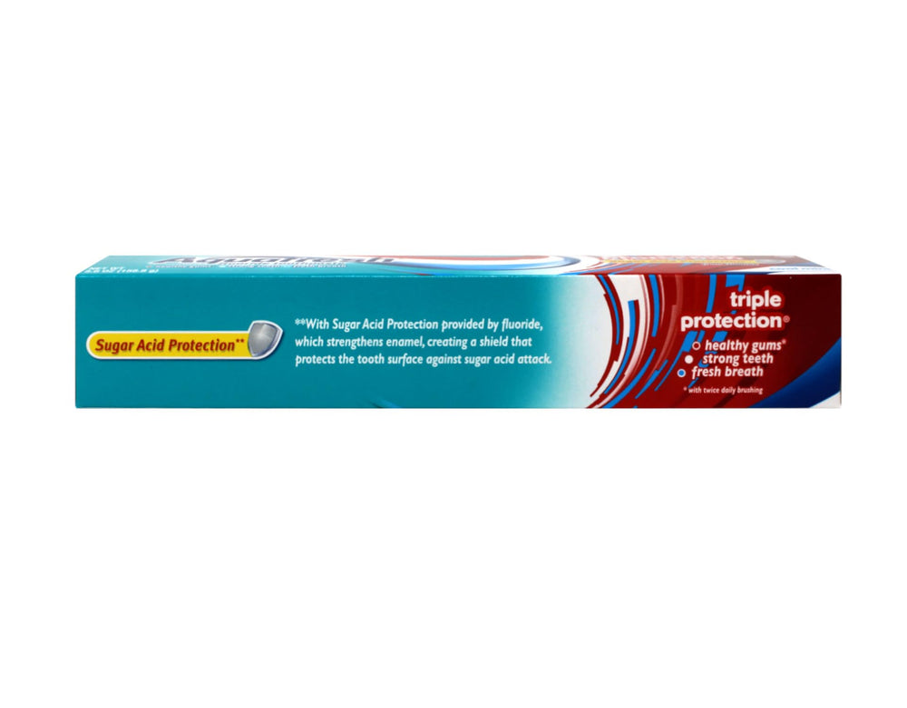 Comparación de tamaño Aquafresh 5.6 oz junto a objetos para referencia visual