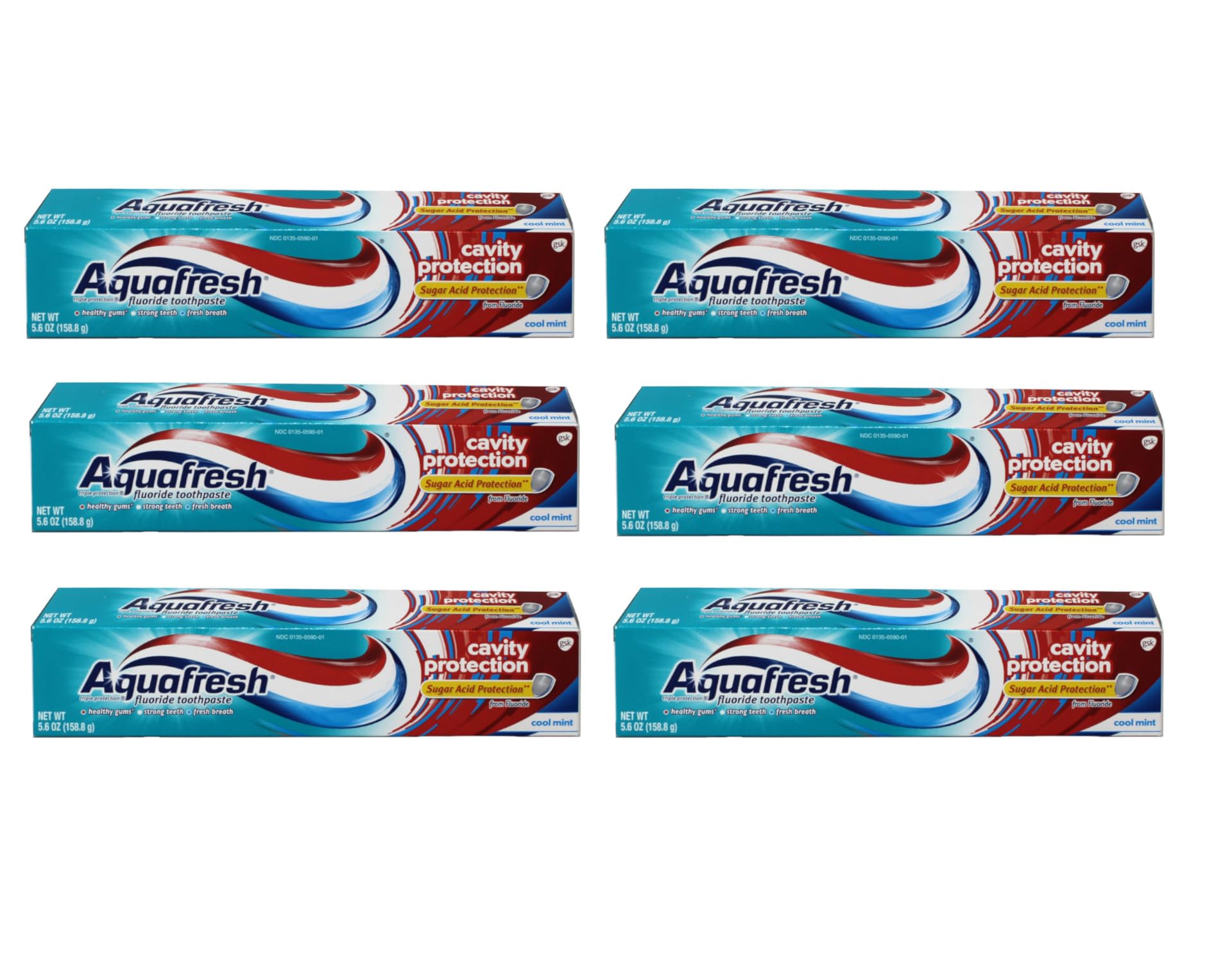 Aquafresh frente del empaque mostrando pack de seis y beneficio de stock duradero