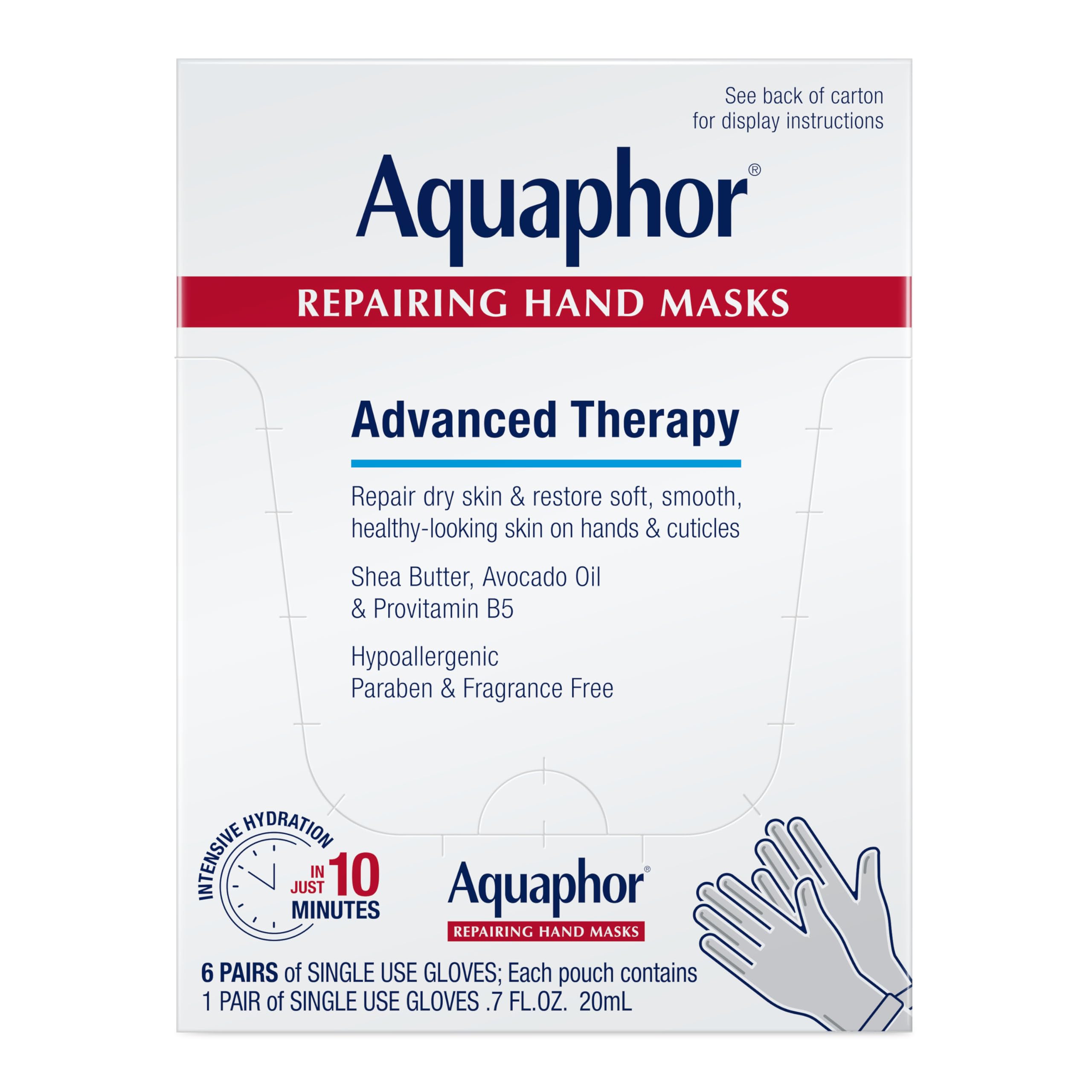 Aquaphor paquete frontal mostrando seis pares y beneficio hidratación intensa
