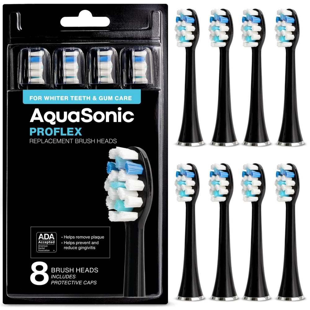 AquaSonic vista frontal del pack de 8 cabezales, garantía de recambios duraderos