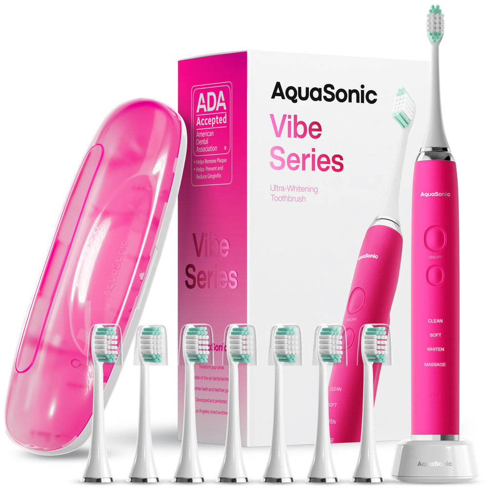 Aquasonic cepillo frente mostrando diseño rosa y beneficio de ergonomía