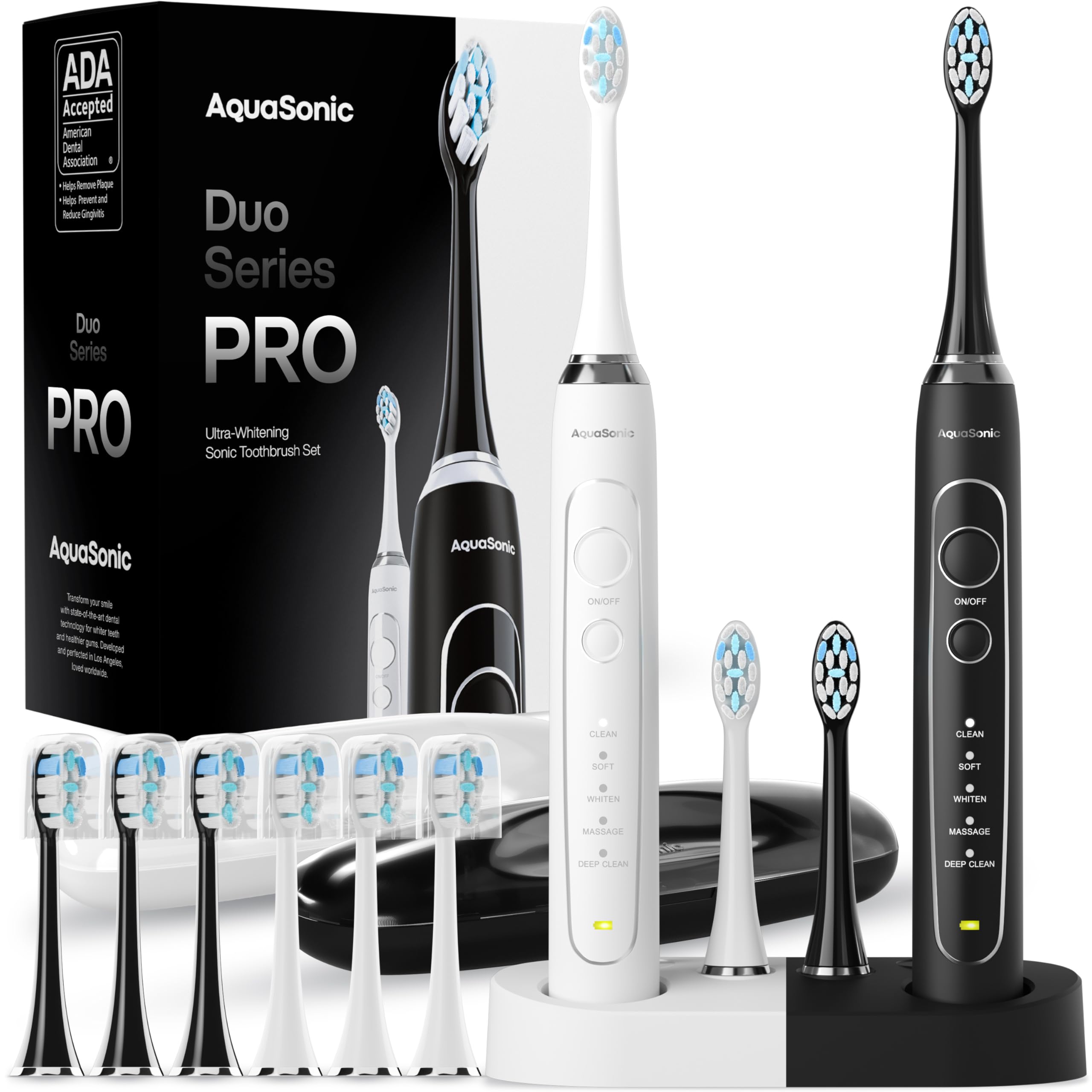 Aquasonic vista frontal del pack con accesorios y beneficios de ahorro familiar